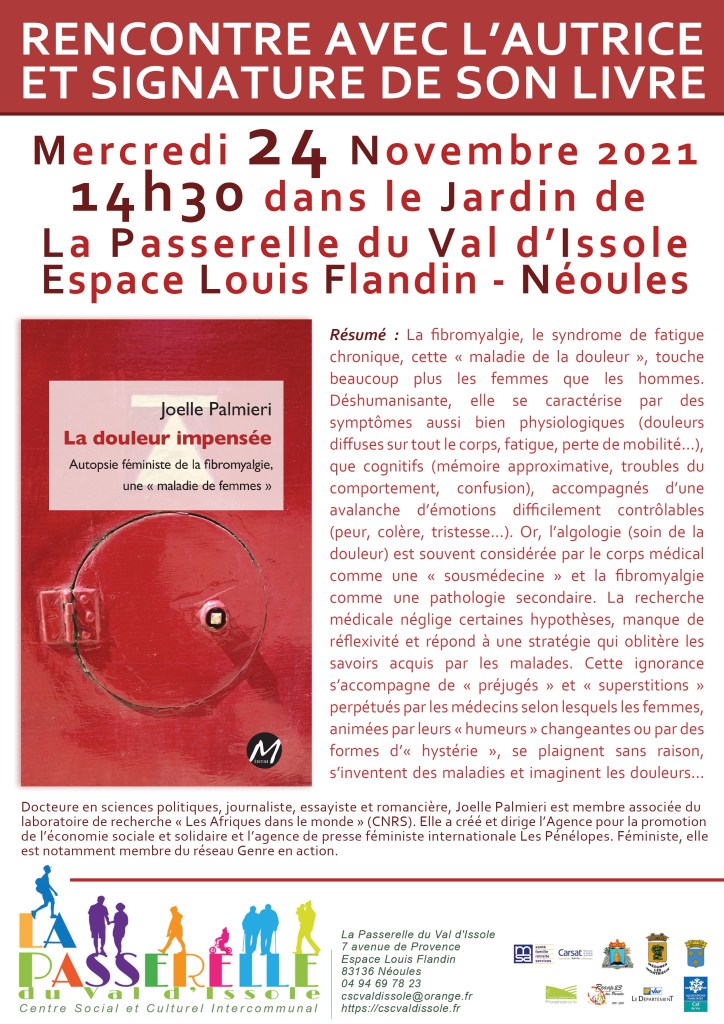 Affiche de la rencontre à Néoules avec Joelle Palmieri, autrice de "La douleur impensée"